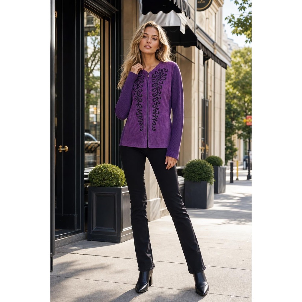 Bob Mackie Wearable Art Suede Leather Jacket Womens L Purple Embroidered Western